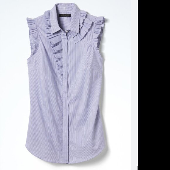Banana Republic Periwinkle Stripe Ruffle Neck Poplin Sleeveless Blouse Size 4 - Picture 1 of 11